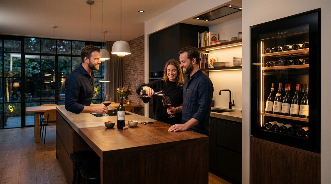 Wijnkoelkast met glazen deur in een moderne keuken